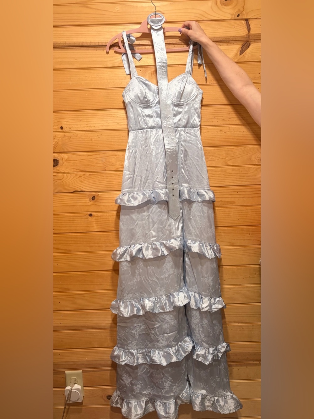 Satin Ruffle Tiered Maxi Dress in Light Blue